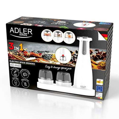 Conjunto de 3 moinhos adLER ad4449w - especiarias, sal e pimenta - USB